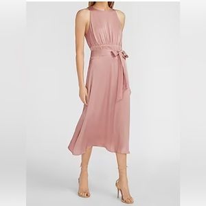 Satin belted high neck dress